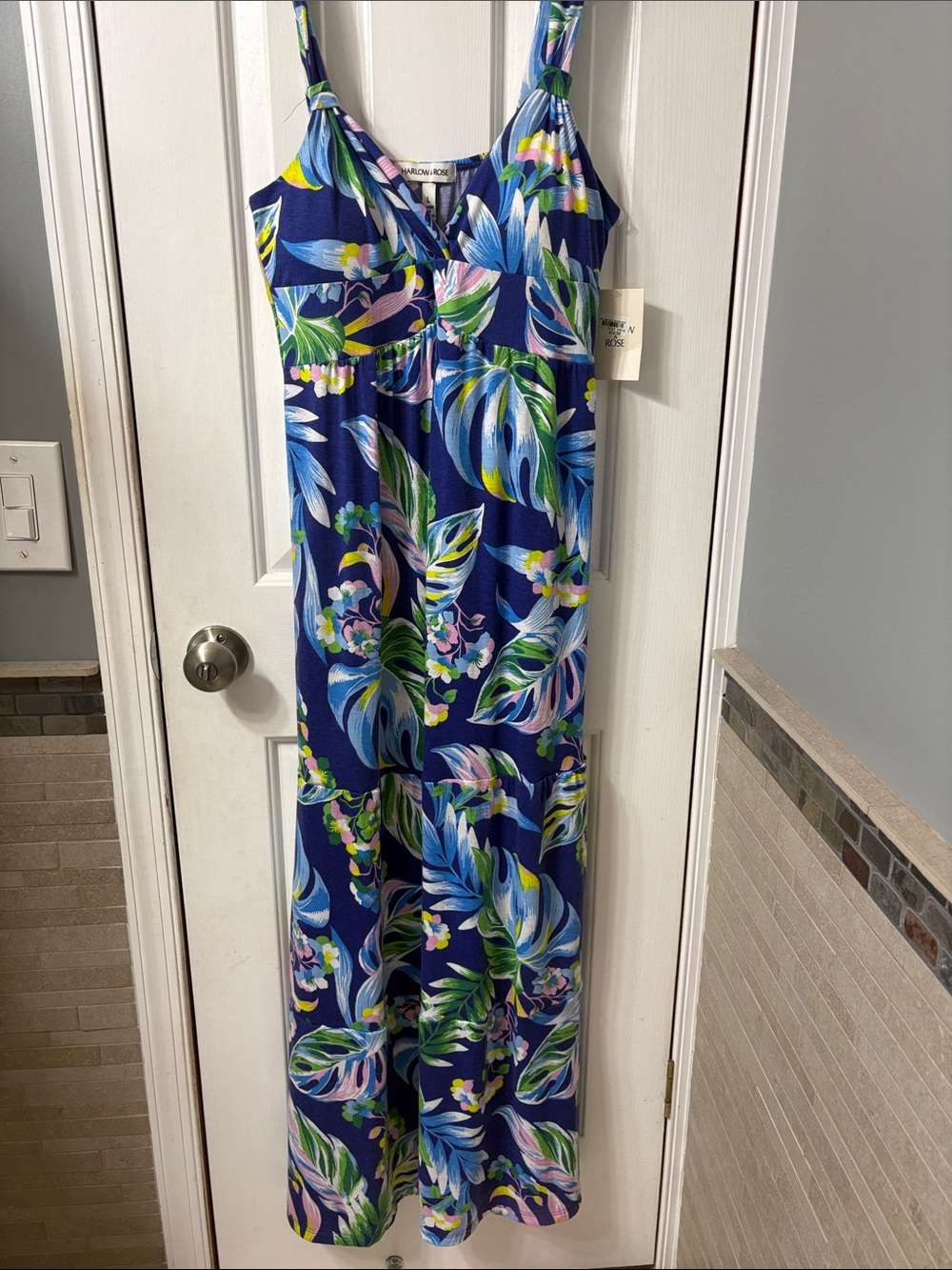 Blue Tropical Print Maxi Jumpsuit with Adjustable Straps